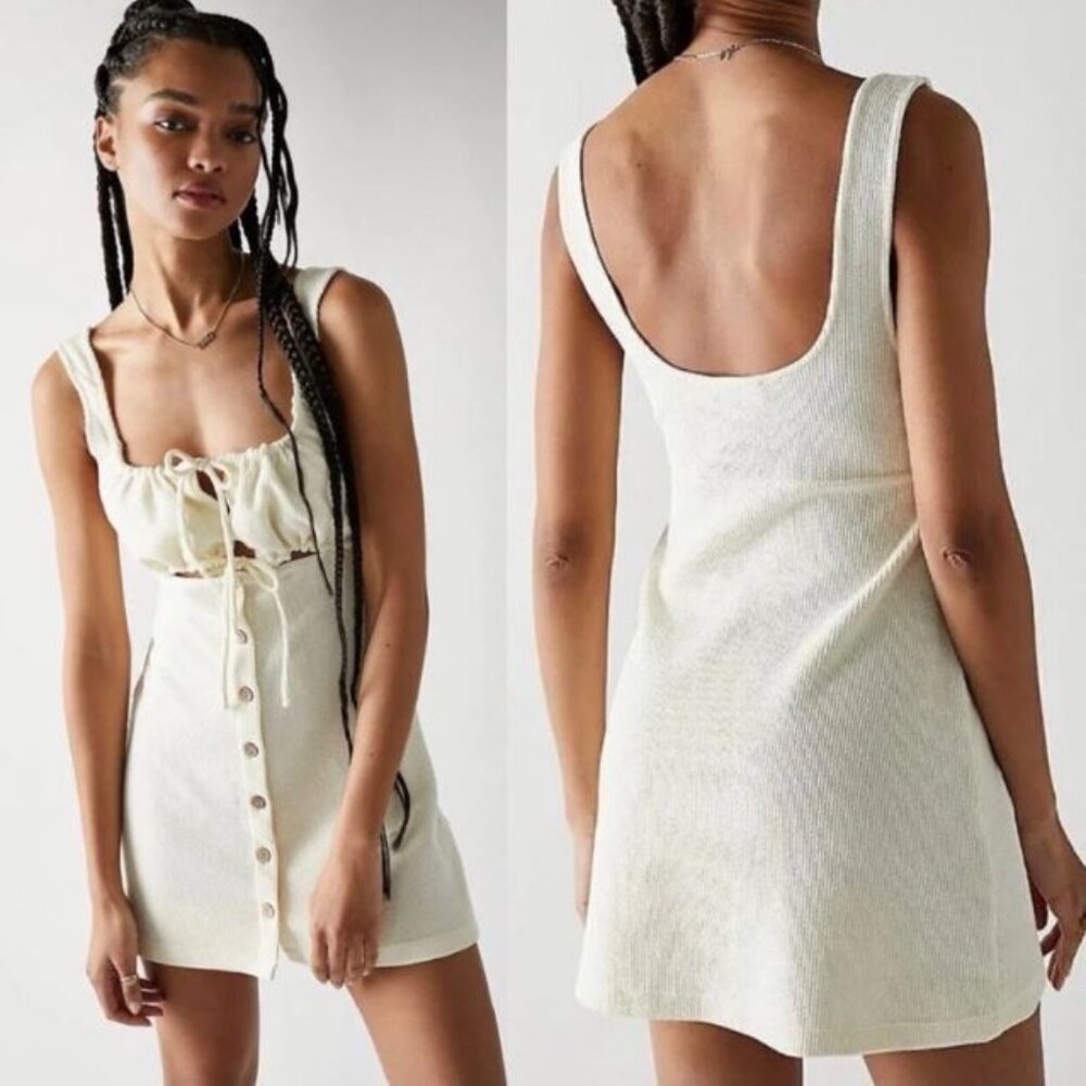 Free People FP Beach Olivia Mini‎ Dress Sz M Ivory Tie Front Ribbed Button Front
